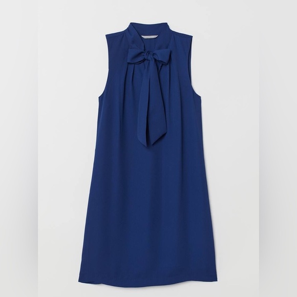 H&M Dresses & Skirts - H&M Navy Blue Midi Dress 12 L Tied Bow Neck Short Sleeve Office Career Career